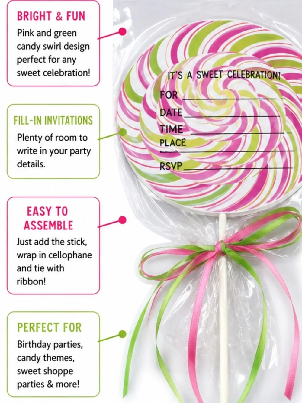Pink & Green Lollipop Party Invitations 🍭 Teen Candy Birthday – Pack of 10